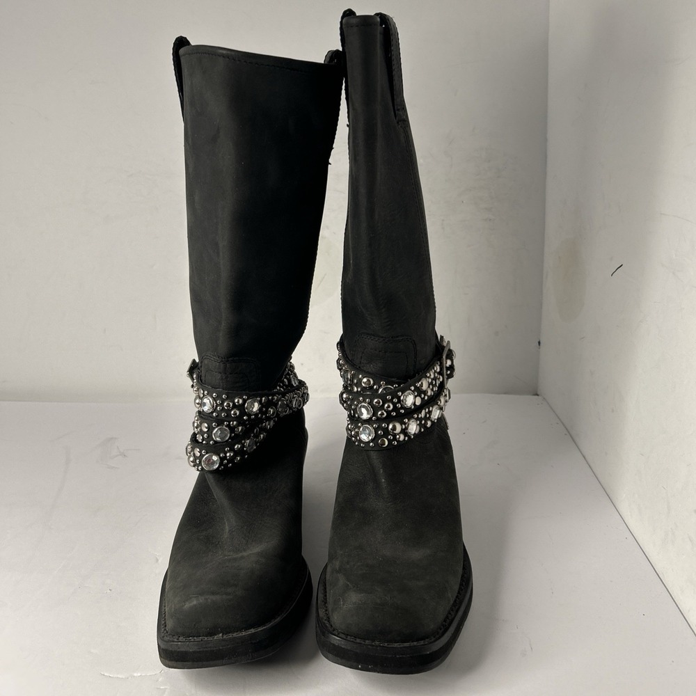 Sz 8 - ROCKET DOG Black Leather Silver Studded Rhinestone Buckle Biker Boots - Picture 15 of 15
